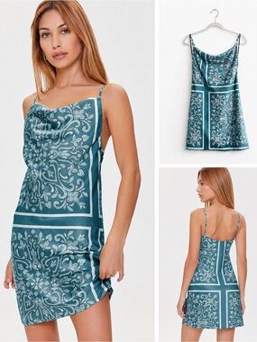 Forever 21 Satin Teal Slip Cowl Neck Mini Scarf Print Dress Size M